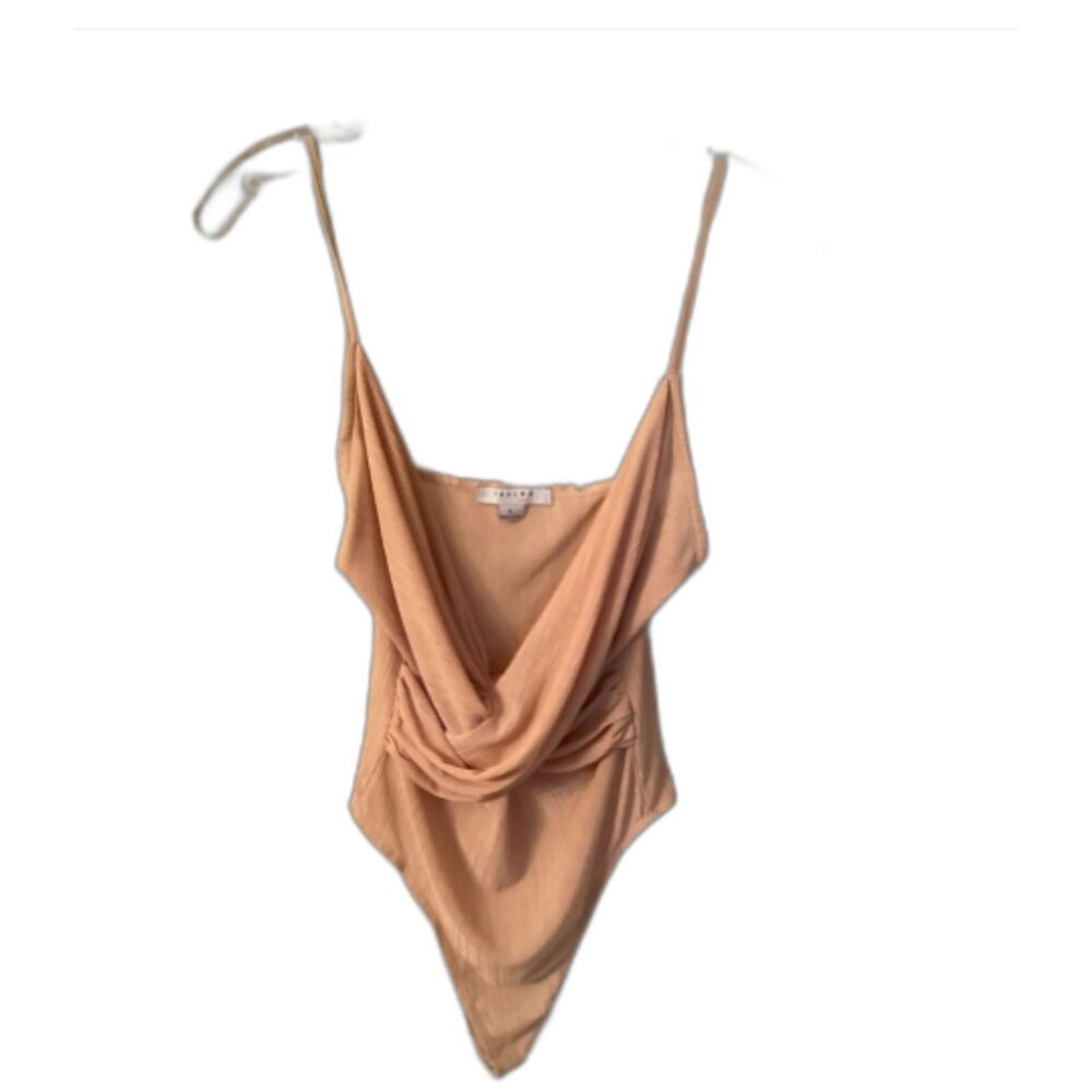 FAVLUX SIZE LARGE TAN NUDE DRAPED FRONT CROSSOVER BODYSUIT